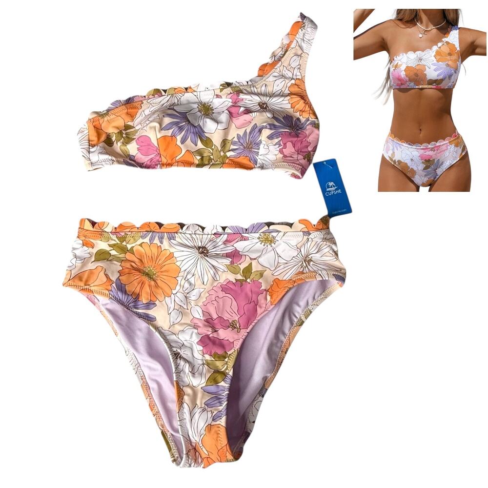 NEW Womens SM CUPSHE SWIMSUIT One-Shoulder Top & Hipster Bikini Flower Scalloped